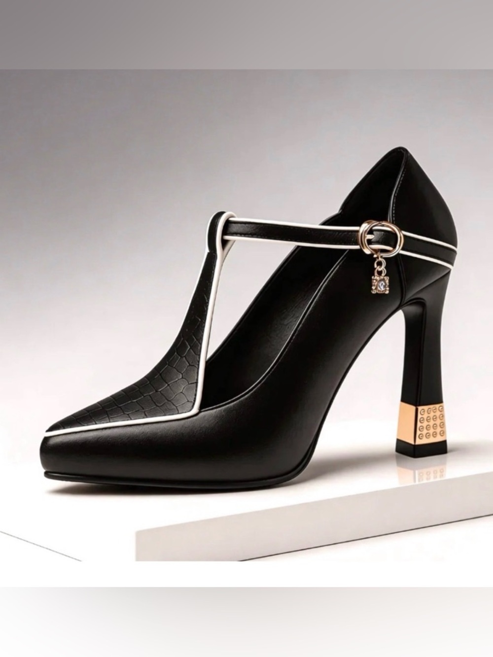 Black and White T-Strap Block Heel Pumps with Gold Accent